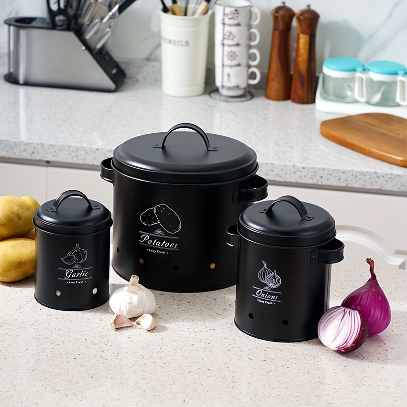 TEMU 3pcs Storage Set (potato Storage Canister, Onion Canister, Garlic Canister), Large Golden Storage Container (black Set)