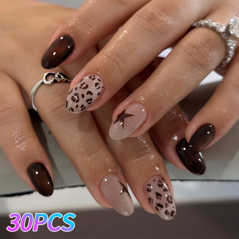 TEMU 30pcs Y2k Short Oval Cat-eye Press-on Nails, Brown Nails With Leopard Print And Star Patterns, Acrylic Fake Nails, Easy To Apply, Suitable For