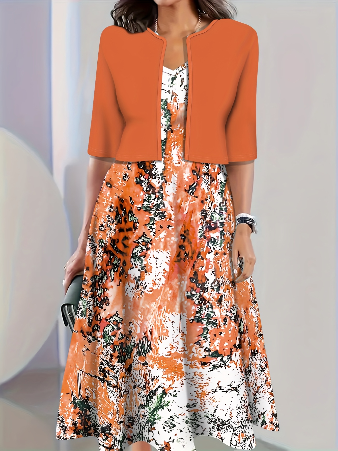 print dress set lightweight open front jacket v neck midi Temu