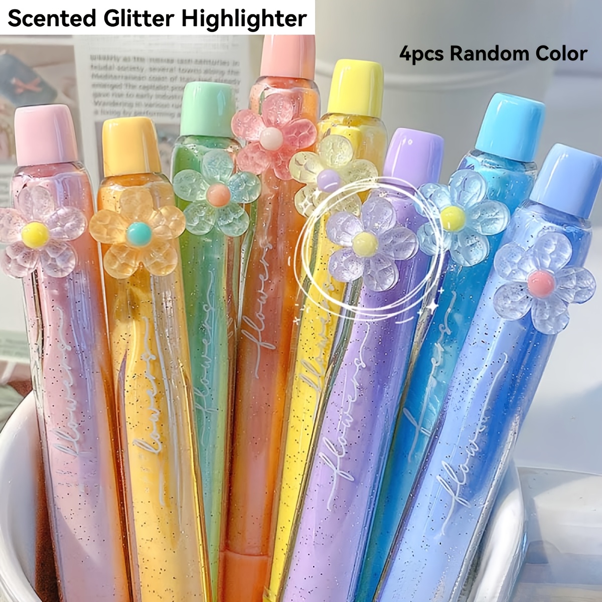 TEMU Ensemble de 4 surligneurs parfumés et scintillants de couleur aléatoire avec marqueurs à paillettes à séchage rapide et bavure, pointe biseautée