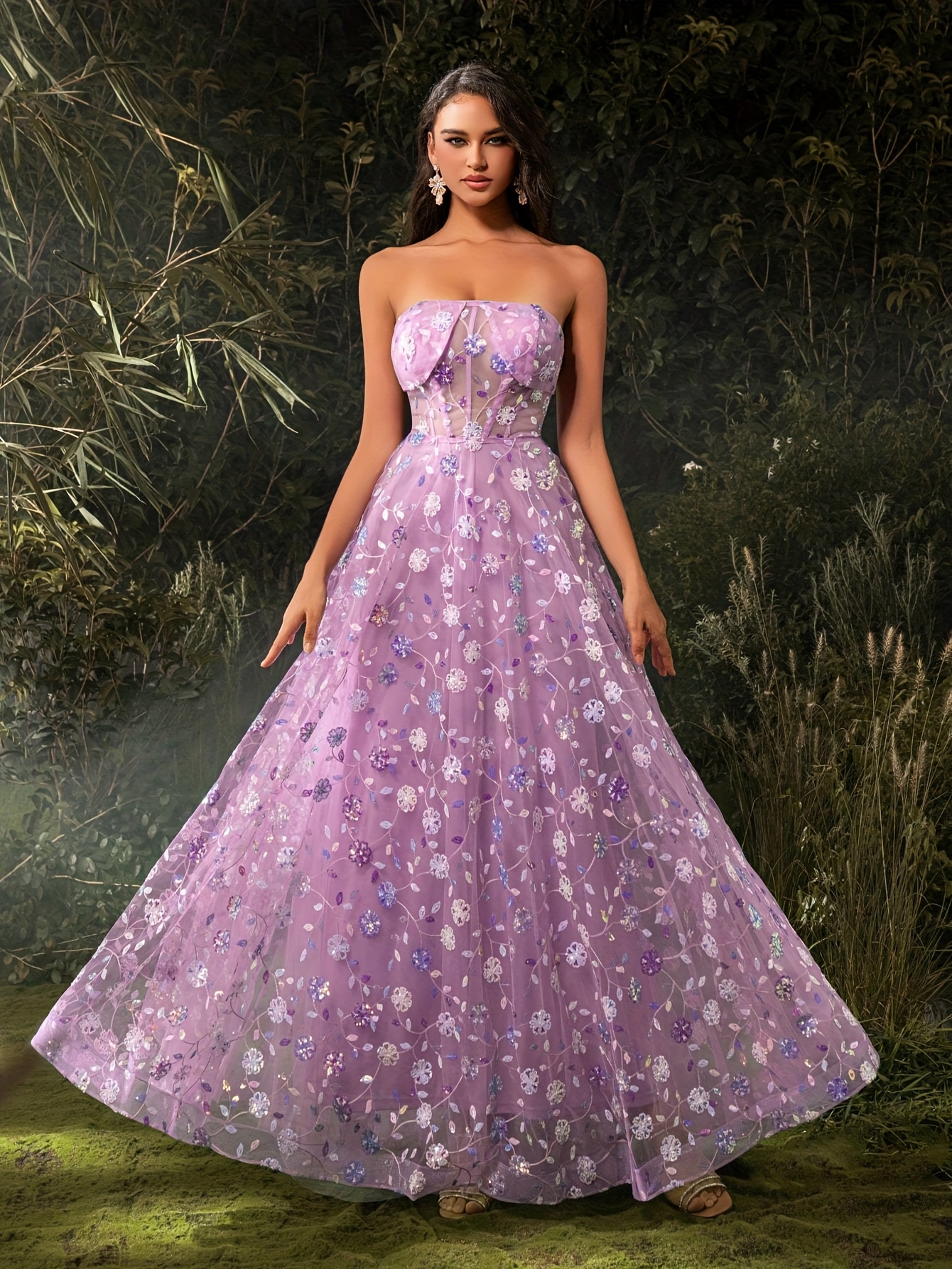 elegant strapless dress sheer mesh fishbone sequins - Temu
