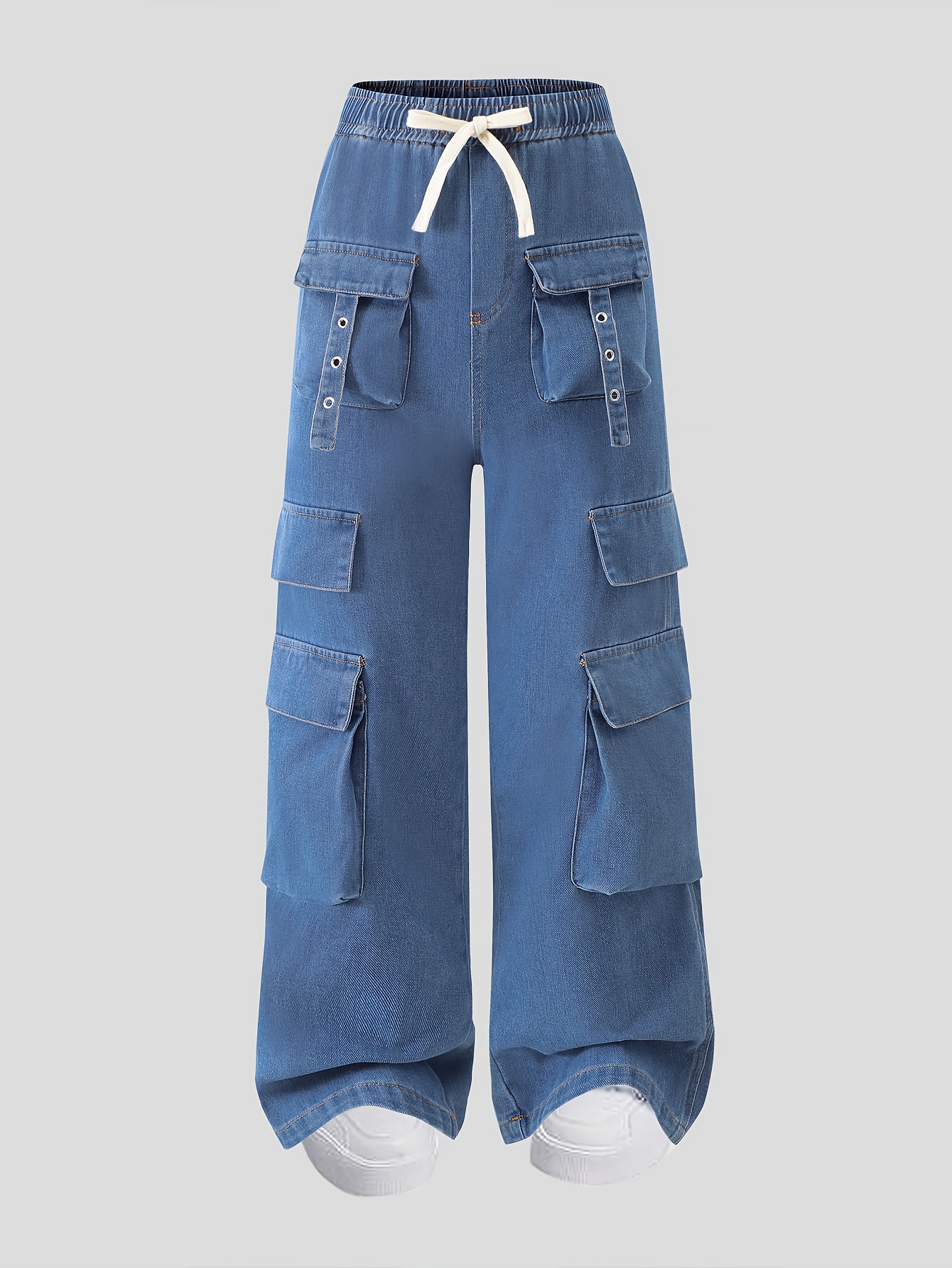 Youthful, Trendy, Casual, Elastic Waist Denim Work Pants for Outdoor Use, for Teenager