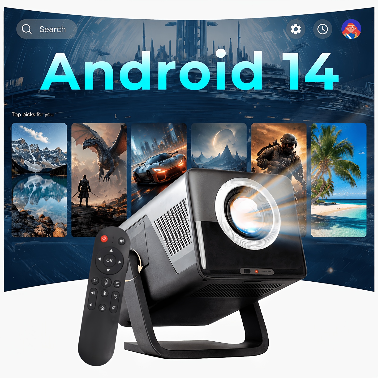 TEMU Projecteur intelligent portable compatible avec Android TV/Smartphone, prise en charge 8K avec WIFI 6 & BT 5.4, projecteur 1200ANSI, correction