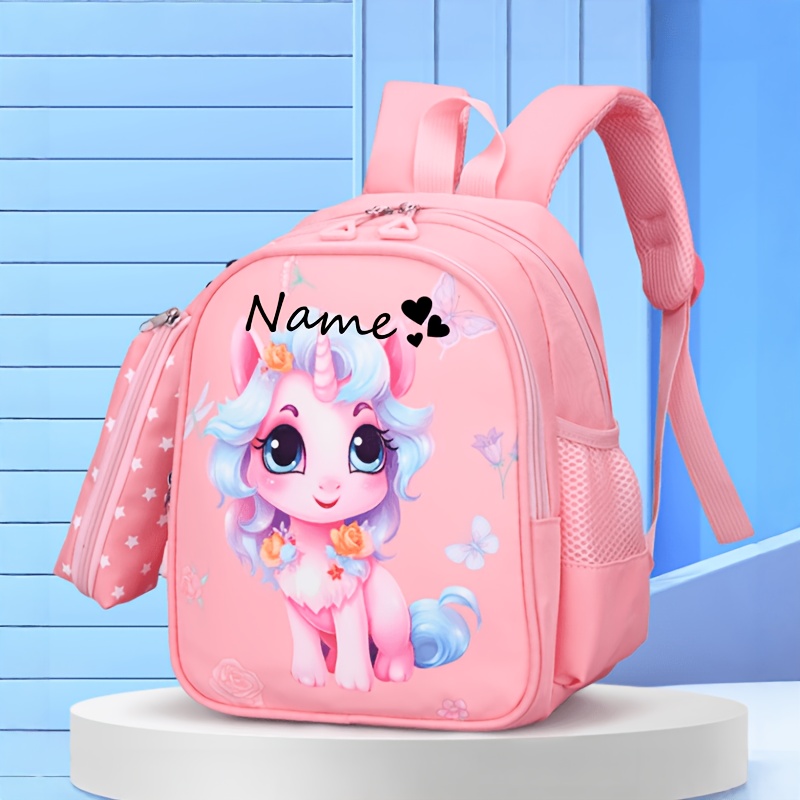 TEMU A Back To School Stylish Customizable Name Backpack For Women, With A Cute Pink Unicorn Heart Pattern. Pink, Nylon Material, With Zipper.