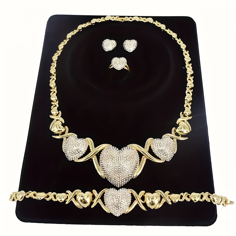 TEMU 4pcs ' Bohemian Wedding Jewelry Set - Heart-shaped Cubic Synthetic Zirconia Necklace, Rings, Earrings & Bracelet - African Wedding For Mardi