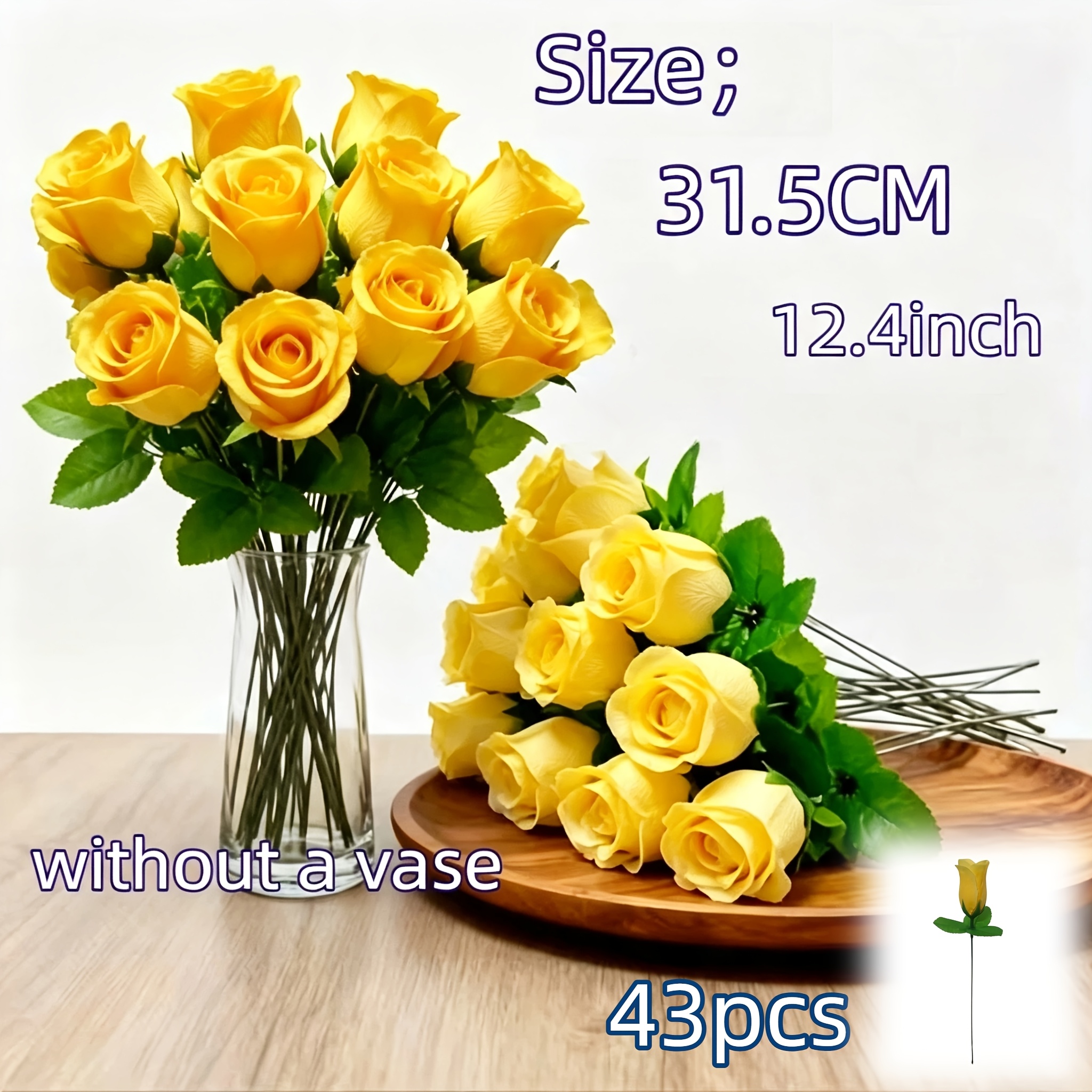 TEMU Bouquet de 43 roses jaunes artificielles réalistes, fausses roses jaunes de haute qualité à faire soi-même, réaliste, résistant aux UV,