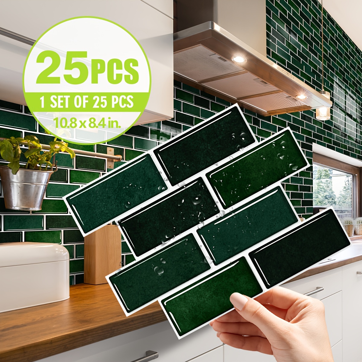 TEMU 25pcs, Deep Green Marble Pattern Kitchen Tiles, Waterproof Oil-proof Self-adhesive Peel & Stick Wall Tile, Thickened Moisture-resistant Vinyl Tiles For Kitchen & Bathroom