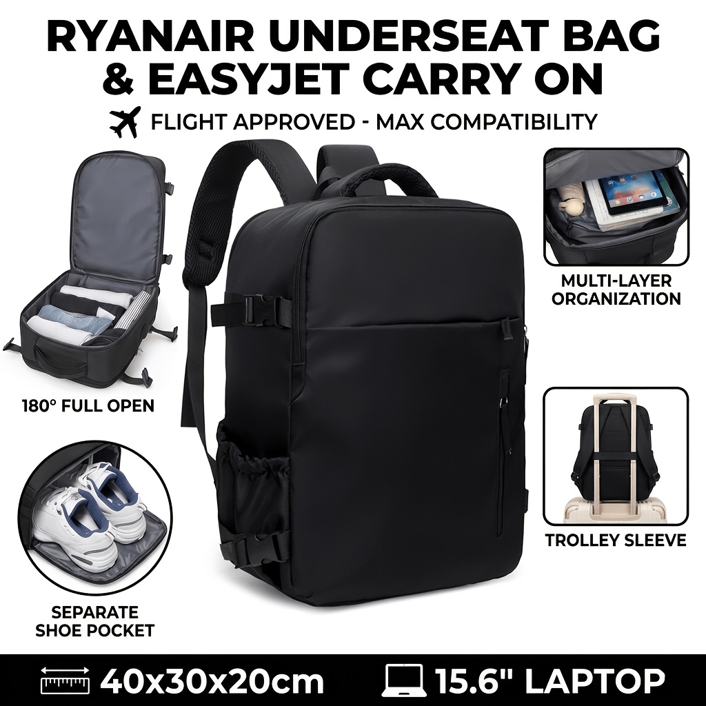 TEMU Ryanair Underseat Cabin Bag 40x30x20cm Easyjet Hand Luggage Travel Laptop Backpack 15.6 Inch 180 Degree Compartment Carry On Rucksack Weekend