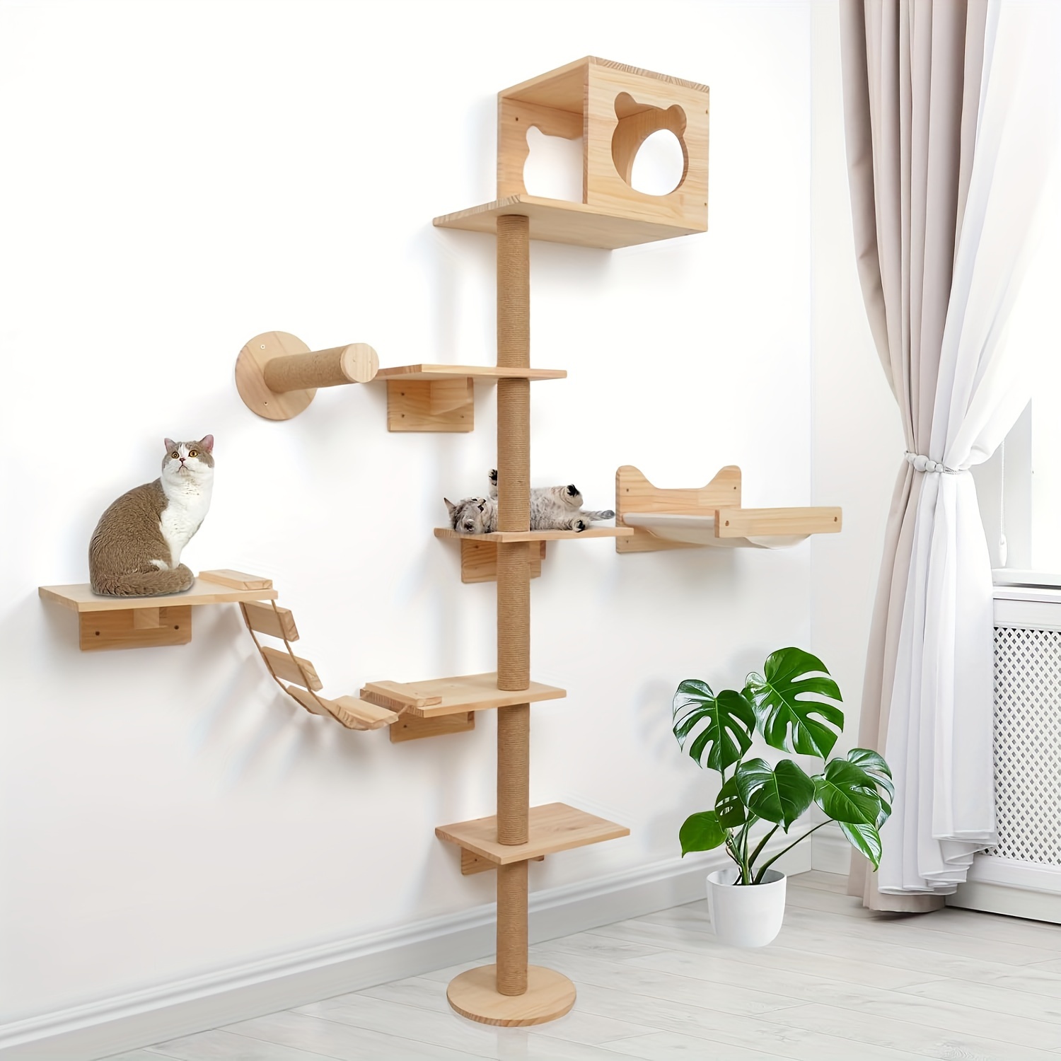 Deluxe Solid Wood Tower with Scratching Post Climbing Ladder Hammock Complete Wall Mounted Playset for Cats