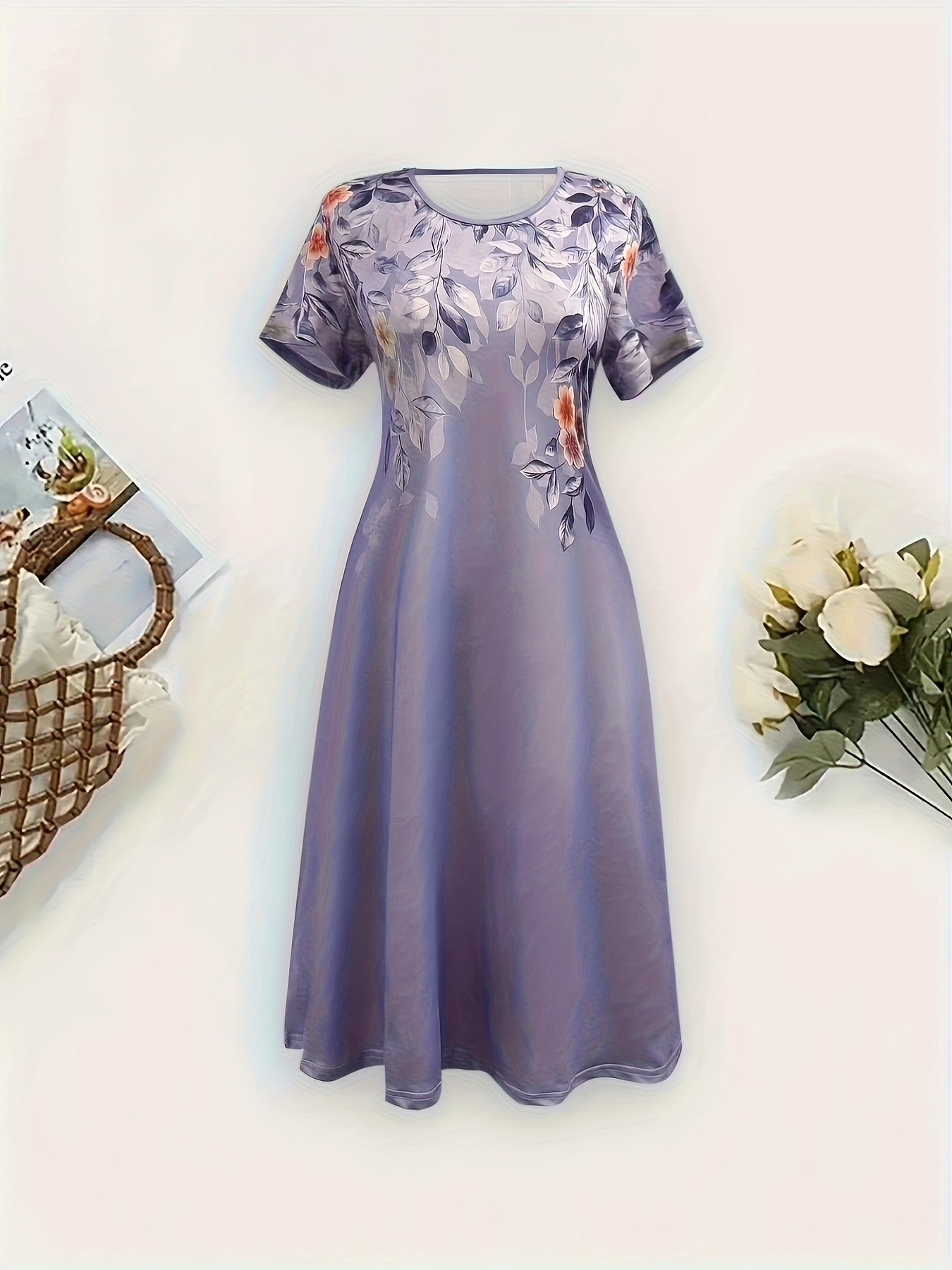 women's floral print short sleeve a line dress light purple Temu