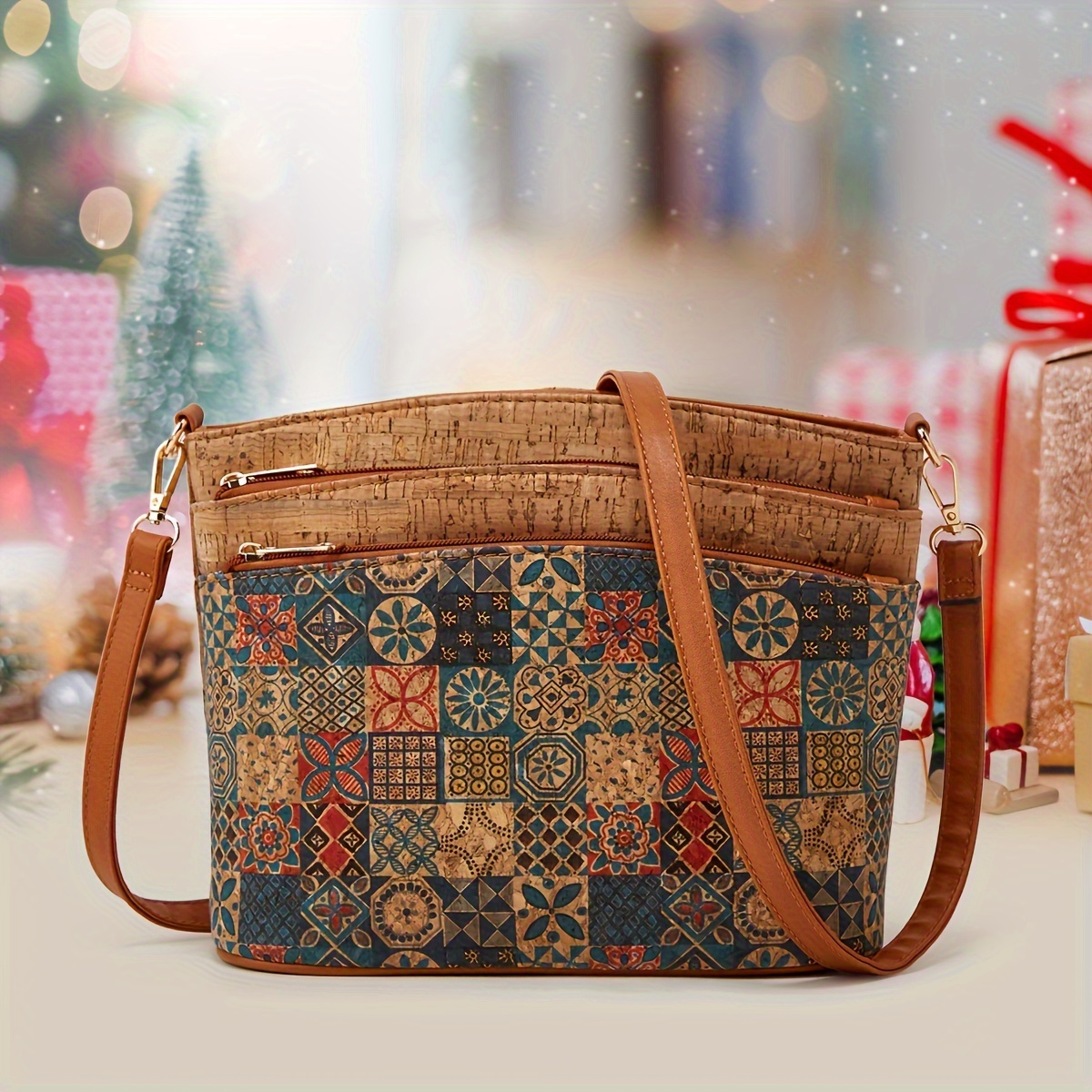 

Vintage Floral Print Crossbody Bag, Bohemian Style Single Shoulder Purse With Tree Pattern For Women, Pu Material With Polyester And Zip Closure, Light Brown, Small Crossbody Bag