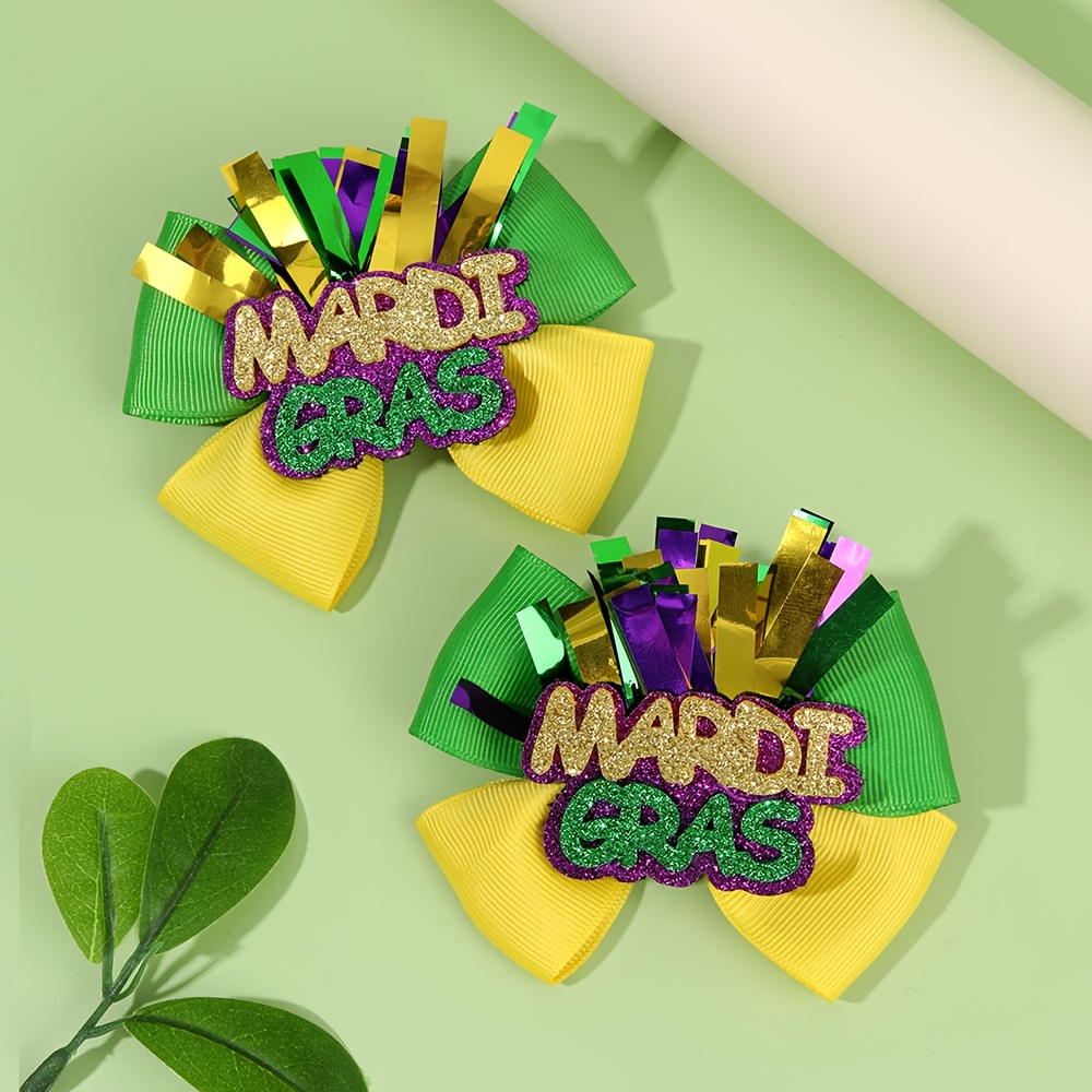 

2pcs Mardi Gras Polyester Hair Bow Clips - Glitter Alphabet Design, Non-woven Fabric, Party Hair Accessories For Daily & Casual Wear, Alligator Hair Barrettes For Mardi Gras Day