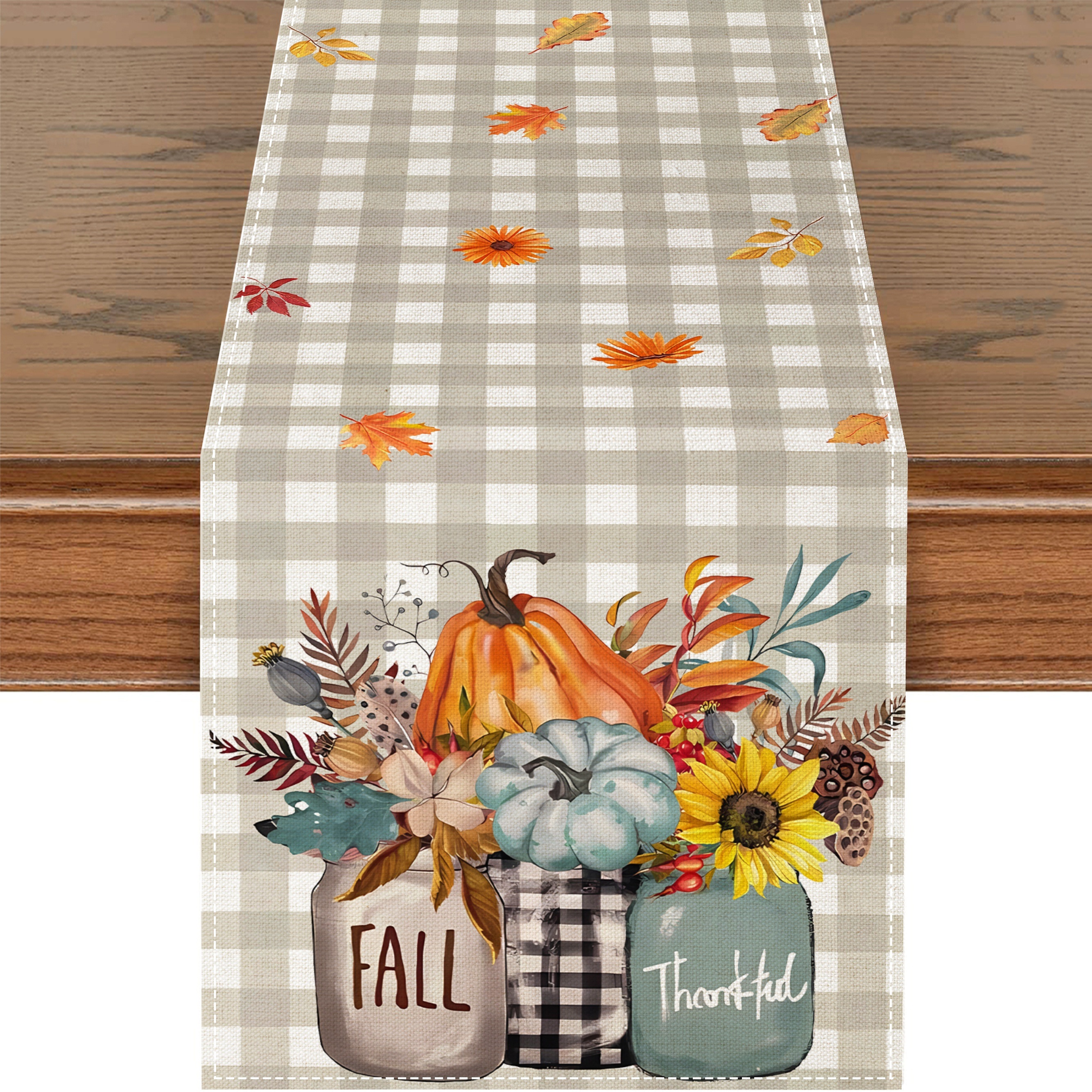

1pc Table Runner, Give Thanks Sunflowers Pumpkin Buffalo Plaid Thanksgiving Table Runner, Fall Harvest Holiday Kitchen Dining Table Decoration, For Indoor Outdoor Home Party Decor, Home Decor