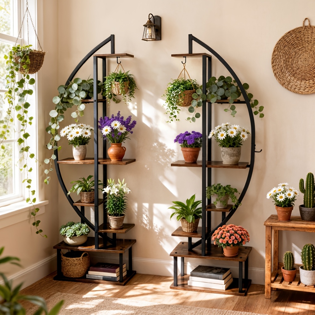 TEMU 2-pack Heavy Duty Plant Stands Indoor 7-tiered Tall Plant Shelf, Metal Plant Stand For Indoor Plants Multiple, Half-moon Plant Rack Display