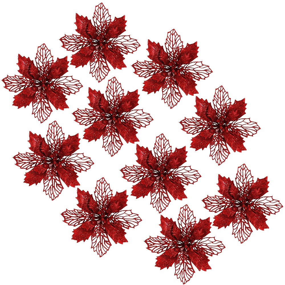 TEMU 10pcs 9cm/3.54in Artificial Christmas Flowers Glitter Xmas Tree Flowers Christmas Tree Ornaments For New Year Xmas Tree Wedding Decor
