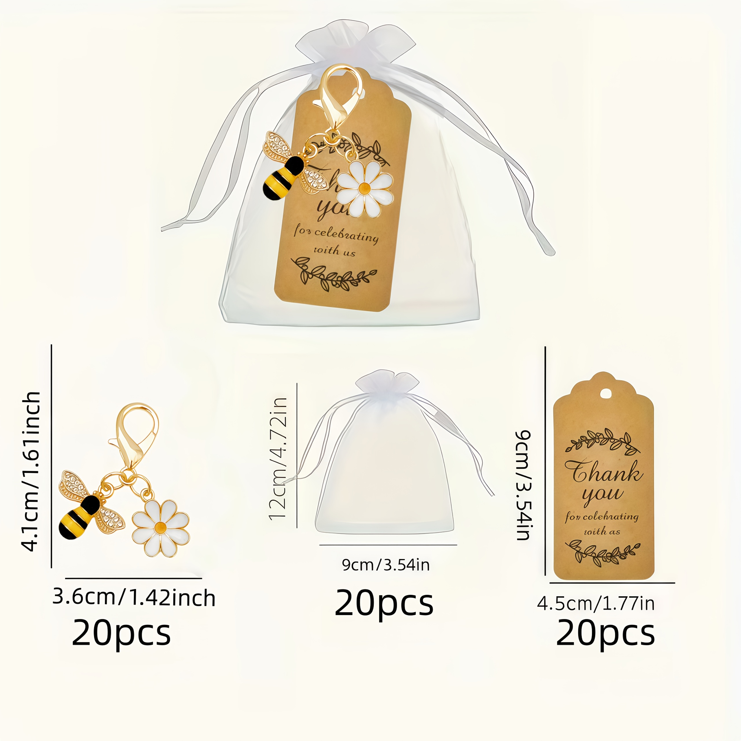 E-shop 60 Stück/20 Sets Böhmischer Stil Bienen-Schlüsselanhänger Party-Geschenkset – Inklusive 20 Bienen-Schlüsselanhänger, 20 Organza-Geschenktüten 20