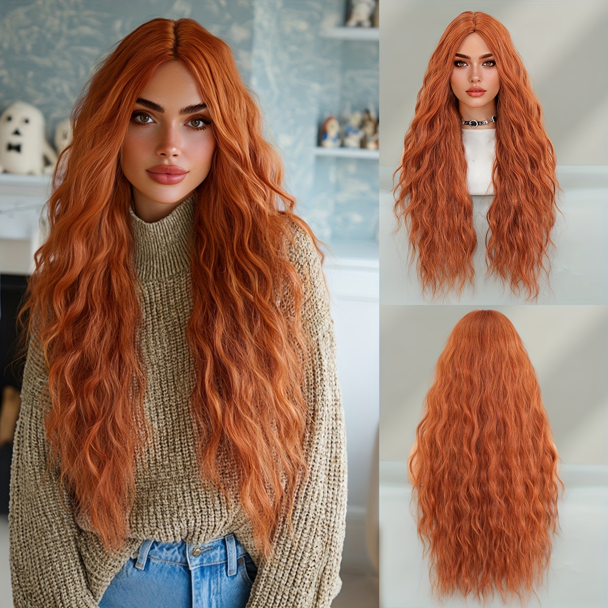 Long Orange Water Wave Wigs For Women, Perfect For Halloween Cosplay. Modest Fashion Wigs Feature A Middle Part And Are Made From High-density Synthetic Heat-resistant Fibers. Ideal For Beginners