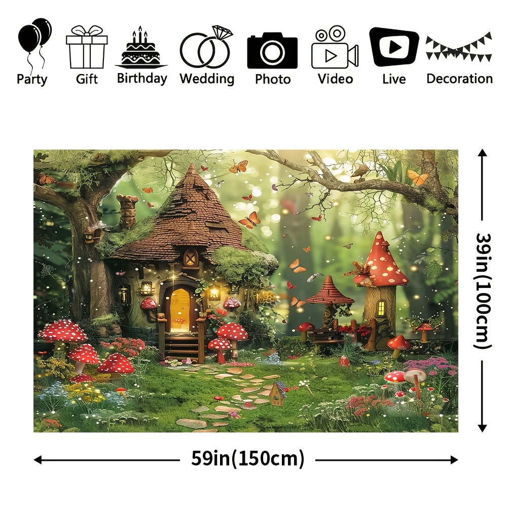 TEMU 1pc Large Scene Wall Decor - Polyester With Vibrant Treehouse, Butterflies & Red Mushrooms Design, No Electricity Needed, Easy-hang Holes