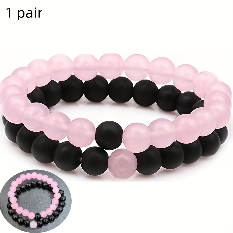 2pcs Beaded Bracelet, Boyfriend Gift Dating Gift Black And White Round Bead Bracelet