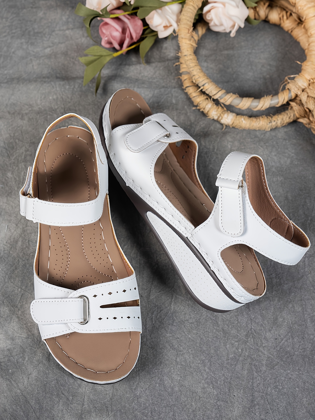   womens beige wedge sandals comfortable open toe platform shoes with adjustable ankle strap perforated design for   casual summer fashion strappy sandals Product details 11