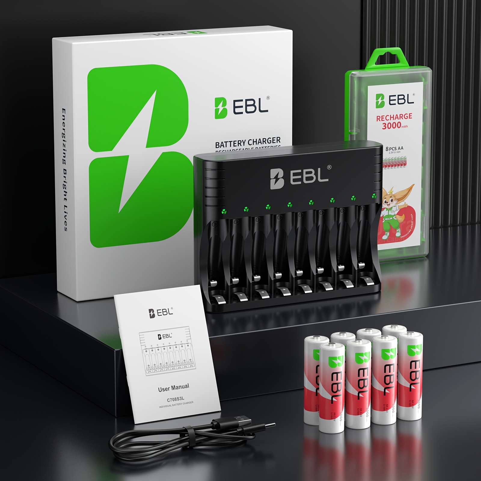 TEMU Ebl (8 Pack) 1.5v Aa Rechargeable Batteries 3000mwh Lithium Battery With Charger