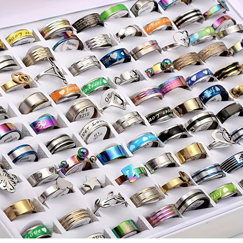 

50pcs Stainless Steel Rings, For Men And Women, Colorful Jewelry Gift For Friend