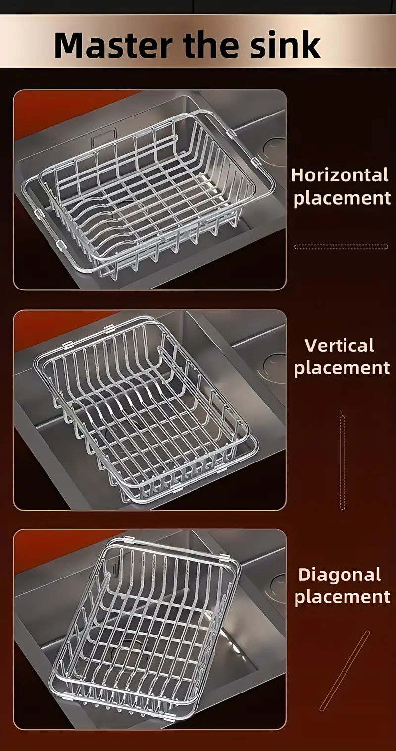 stainless steel adjustable sink draining basket extensible drainer rack for kitchen sinks dish and utensil organizer for dishwashing a must have for kitchen Product details 0