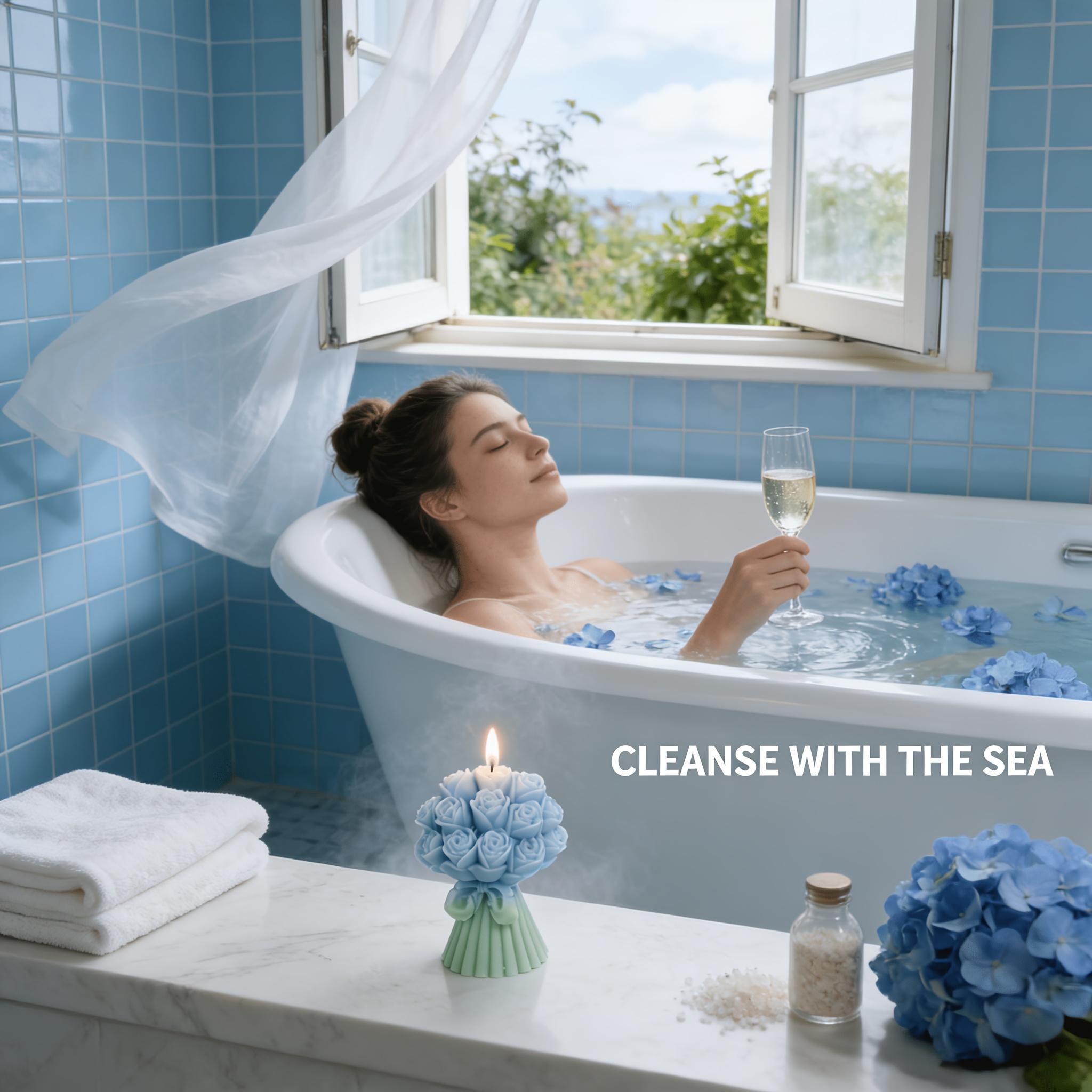 A Candle Shaped Like a Bouquet of Blue Roses, Scented with Bluebell, Featuring a Mint Green Base. This Hand-Poured Decorative Soy Wax Candle Is Perfect for a Bathroom Vanity, Shelf, Or As a Wedding Gift