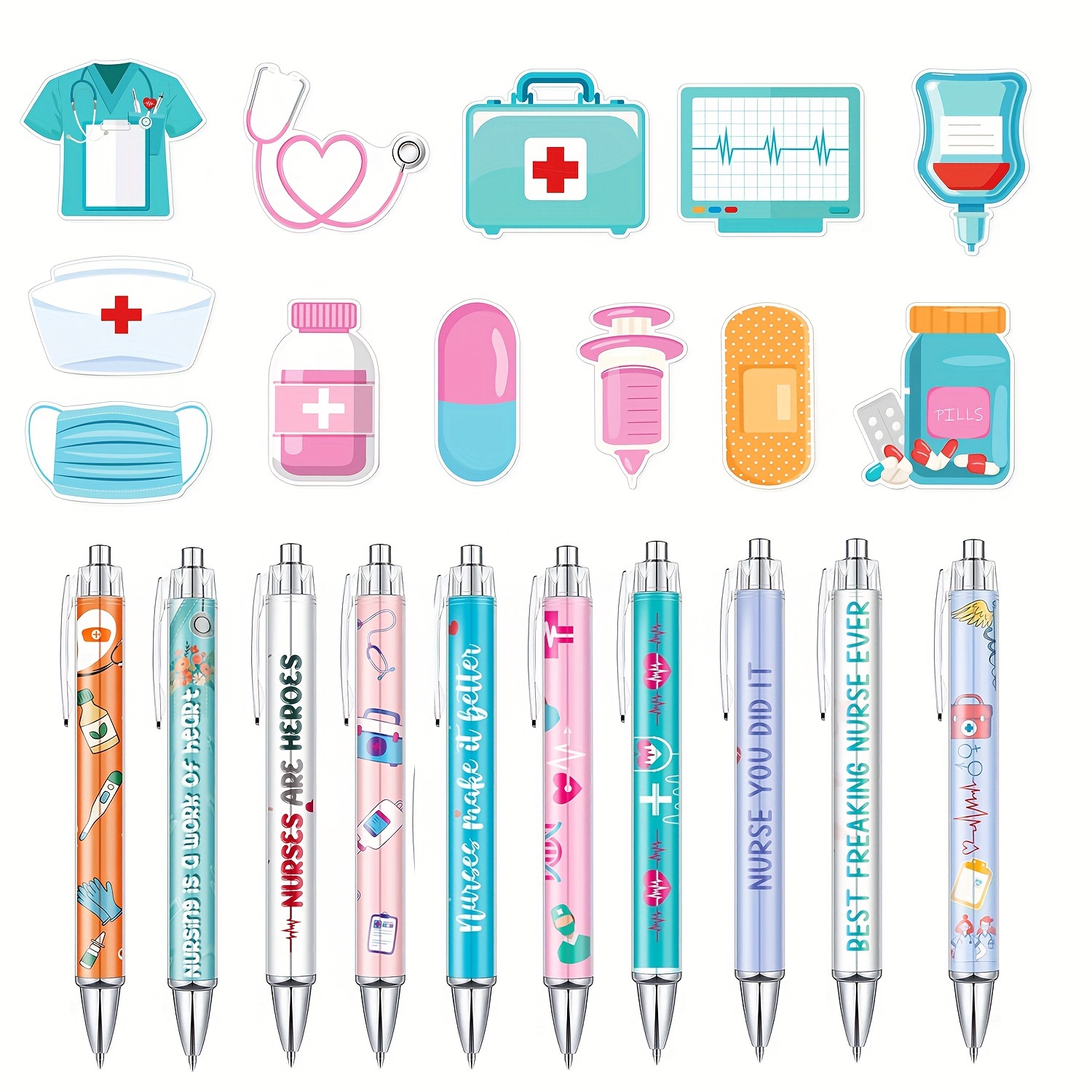 

22-piece Retractable Ballpoint Pen Set For Nurses And Medical Professionals, Medium Point, Durable Plastic, Ideal Gift For Doctors, Nurses, Medical & Nursing Students - Assorted Healthcare Designs
