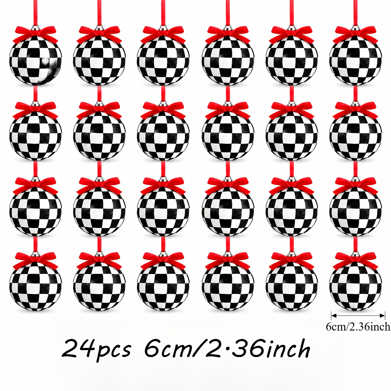 TEMU 24-pack Checkered Christmas Ornaments, 2.36" Plastic Hanging Balls, Racing Stripe & Polka Dot Design, Festive Decorations, No Electricity Or