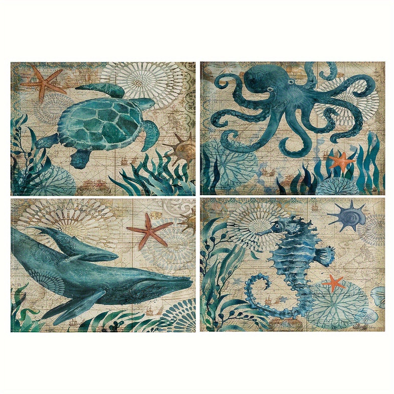 

4pcs, Table Pads, Sea Turtle Ocean Theme Placemats, Polyester Waterproof Heat Resistant Non-slip Table Mats, Washable For Dinner Room & Kitchen Decor