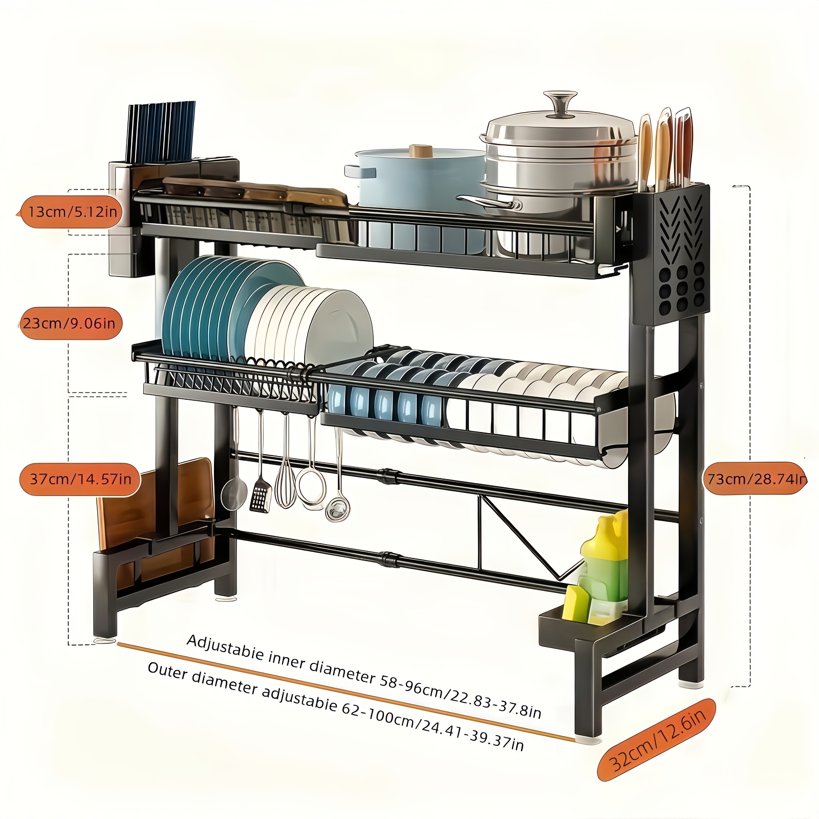 TEMU 1pc 2 Tier Adjustable Metal Over Sink Dish Drying Rack With Utensil Holder, Expandable 60- 100cm Kitchen Storage Shelf Organizer, With Drain