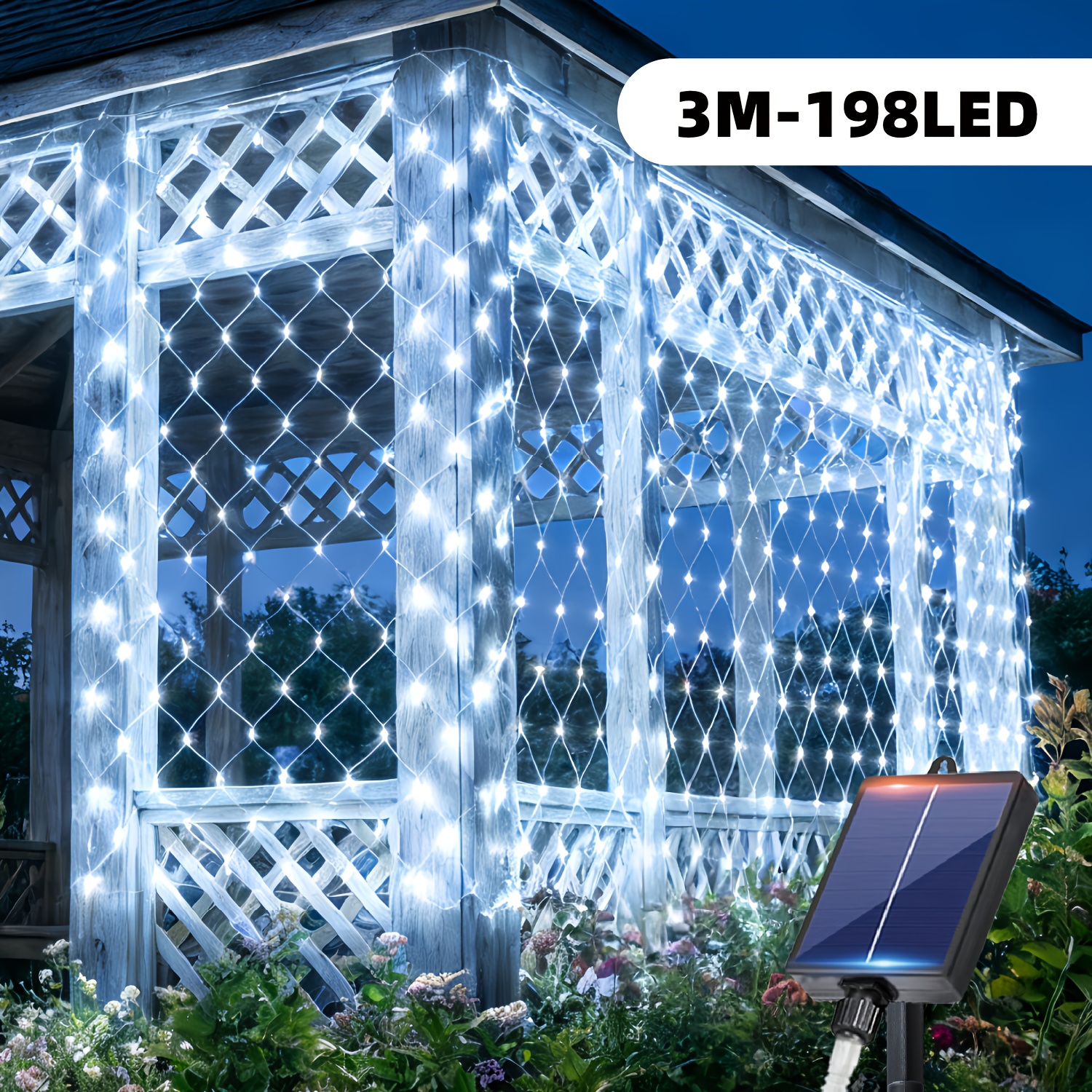 TEMU 1pc Solar Outdoor Fairy String Lights, 101/198led Twinkling Fairy Tale Net Lights With 12 Lighting Auto On At Dusk For Garden Wedding Party Yard