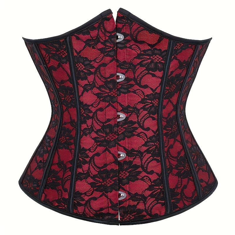 TEMU Red And Black Lace Boned Corset Belt For Women, Front-button Waist Cincher For Tummy Control And Body Shaping, Vintage Court-style Outer Wear