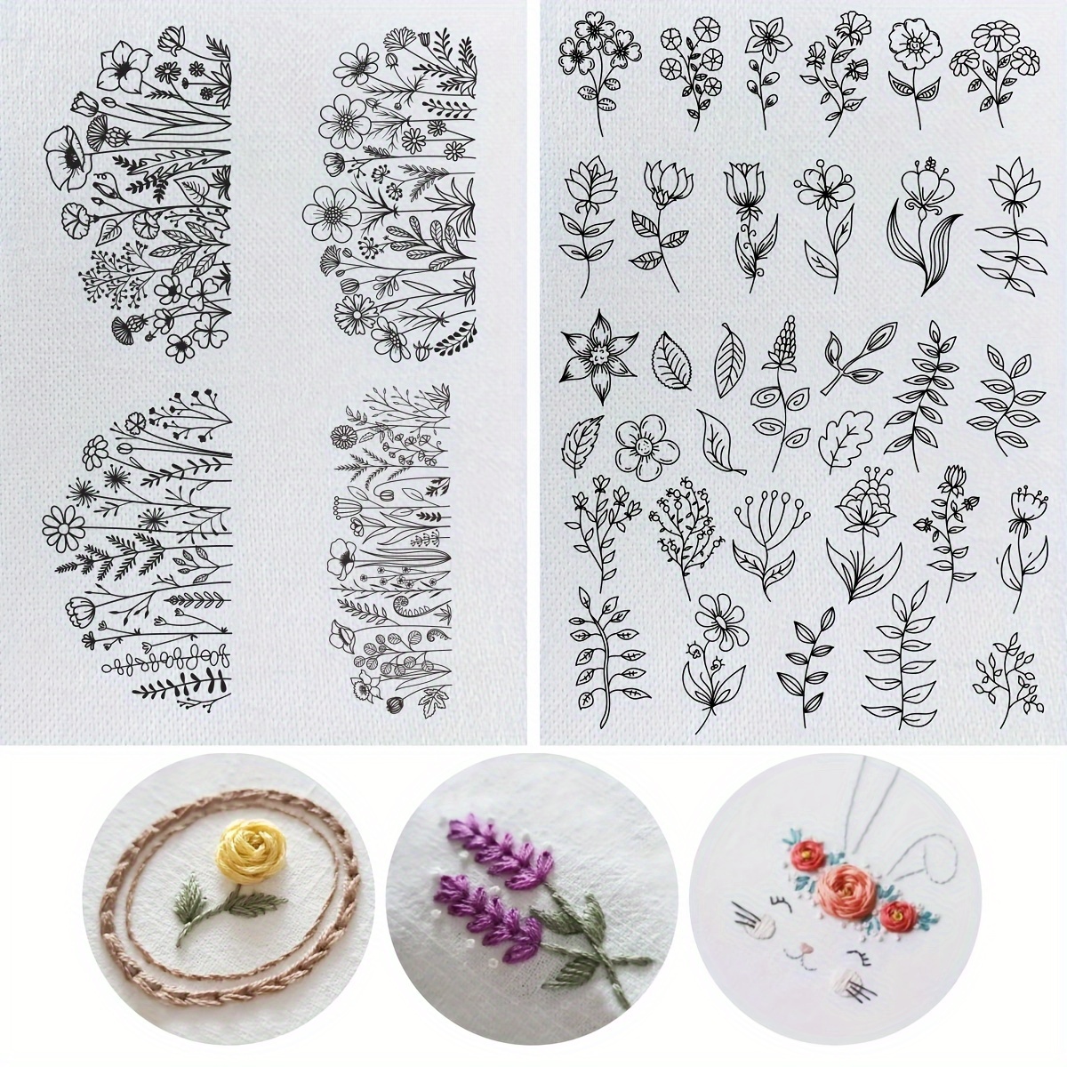 

2pcs A4 Water-soluble Embroidery Set With Pre-print Floral & Leaf Designs - -on Transfer Paper For Diy Sewing And Knit Enthusiasts, Flowers Theme