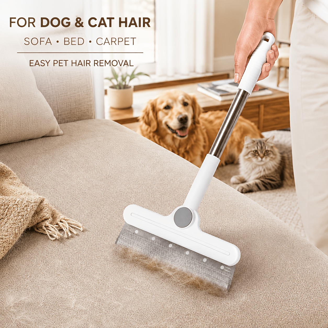 TEMU Pet Hair Remover Brush With Long Handle, Reusable Fur Cleaning Tool For Sofa, Carpet, Bedding, Clothes, And Car Seats