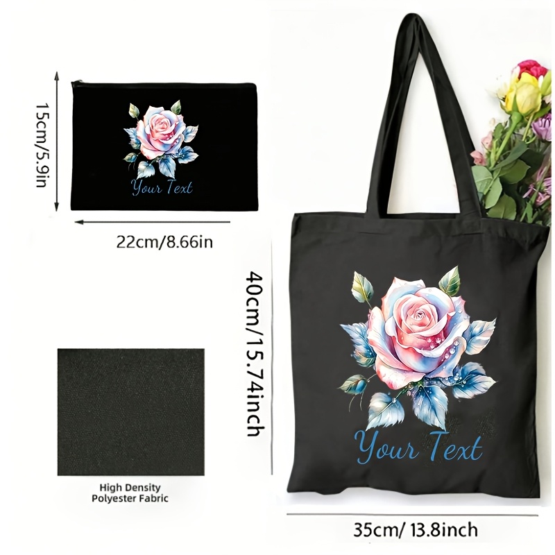 Personalized Custom Text Watercolor Rose Tote Bag, Large Capacity