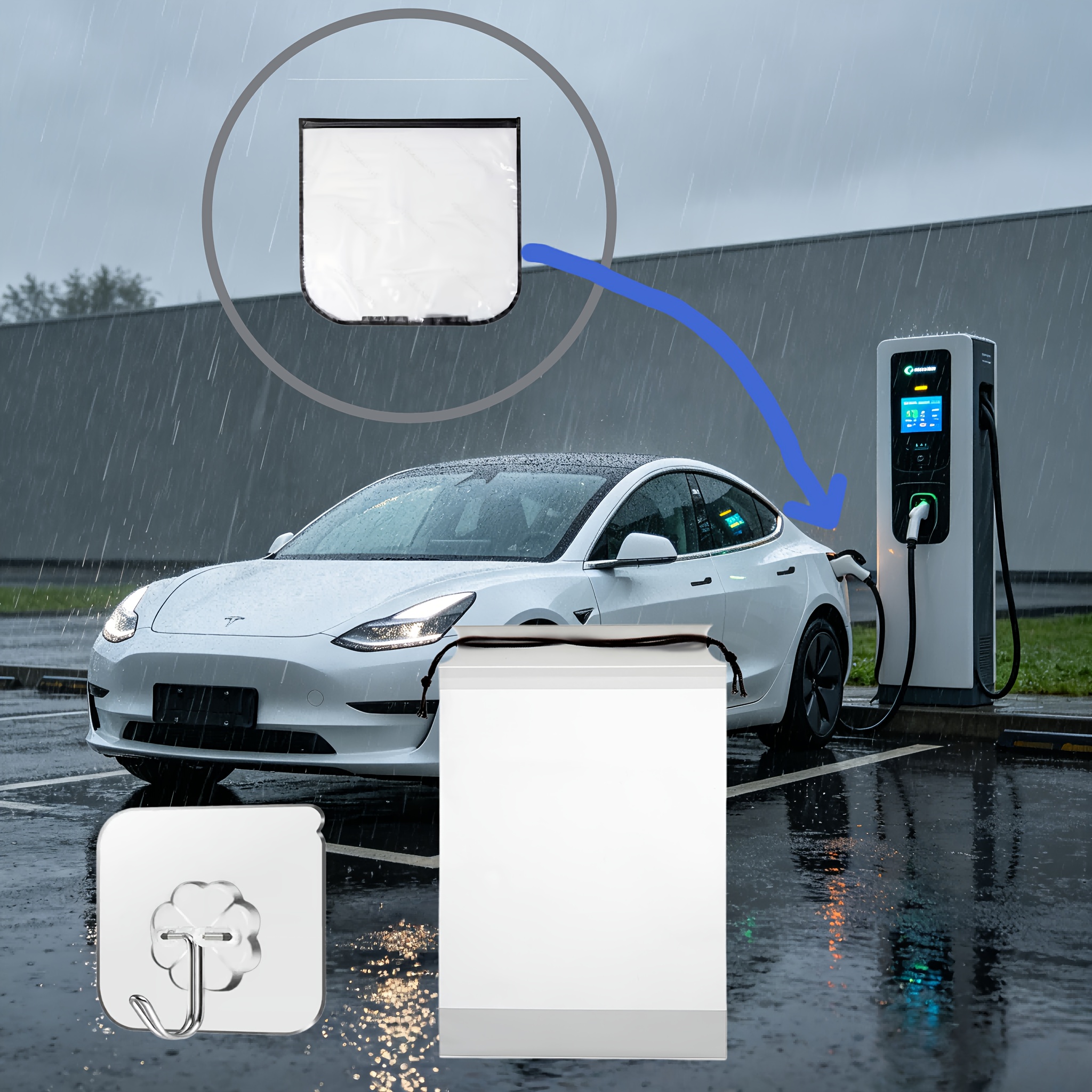 TEMU 3pcs ( Energy Vehicle Charging Cabin Protective Cover   1 Premium Storage Bag   1 Hook) Pvc Material Charging Car Rain Cover, Universal For