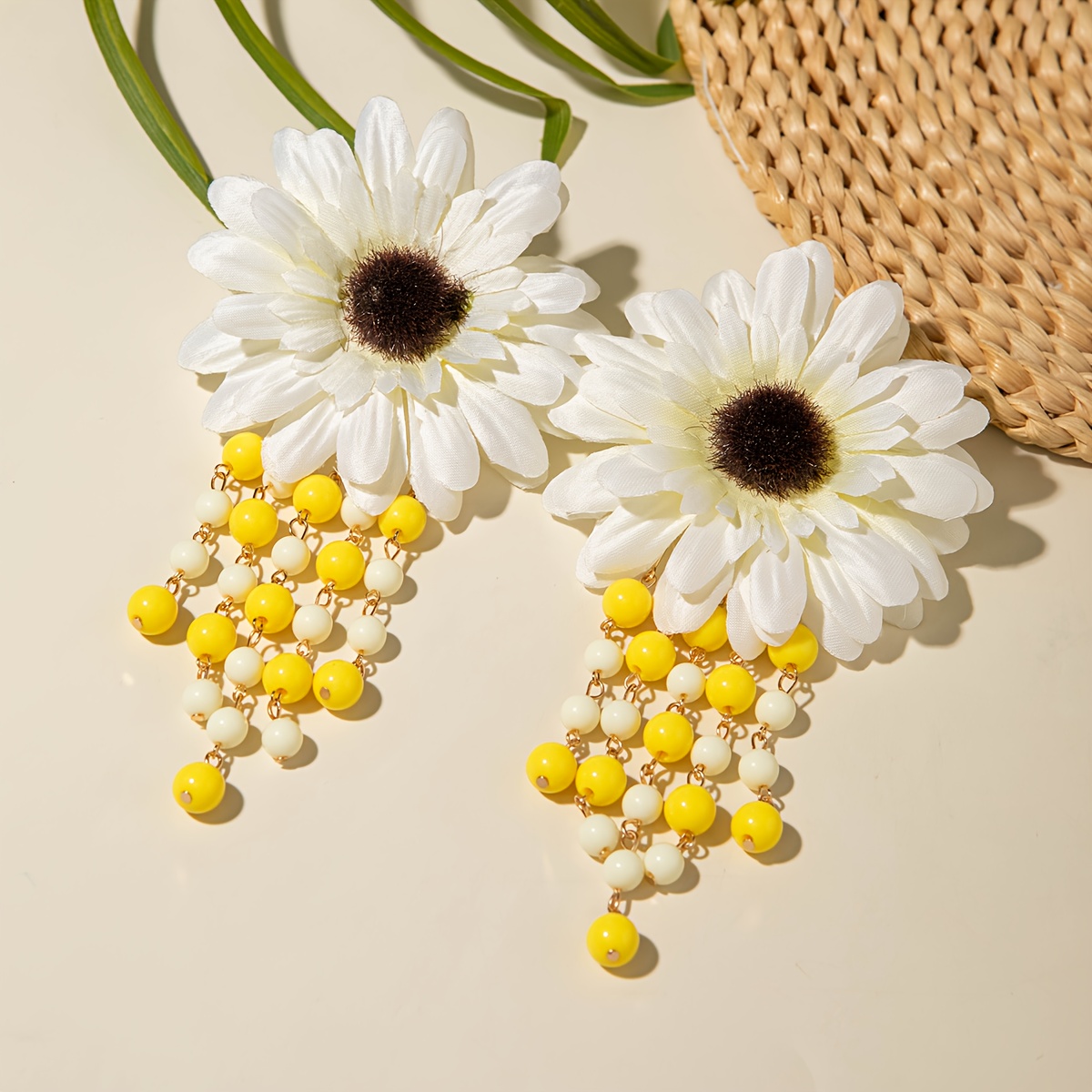 pair bohemian white daisy dangle earrings cascading bead Temu