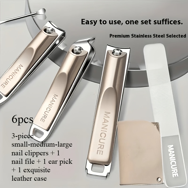 TEMU 6pcs Nail Care Kit With Case, Portable Leather Storage Bag Included; Contains Nail Clippers, Nano Files, Ear Scoops. Suitable For Home And