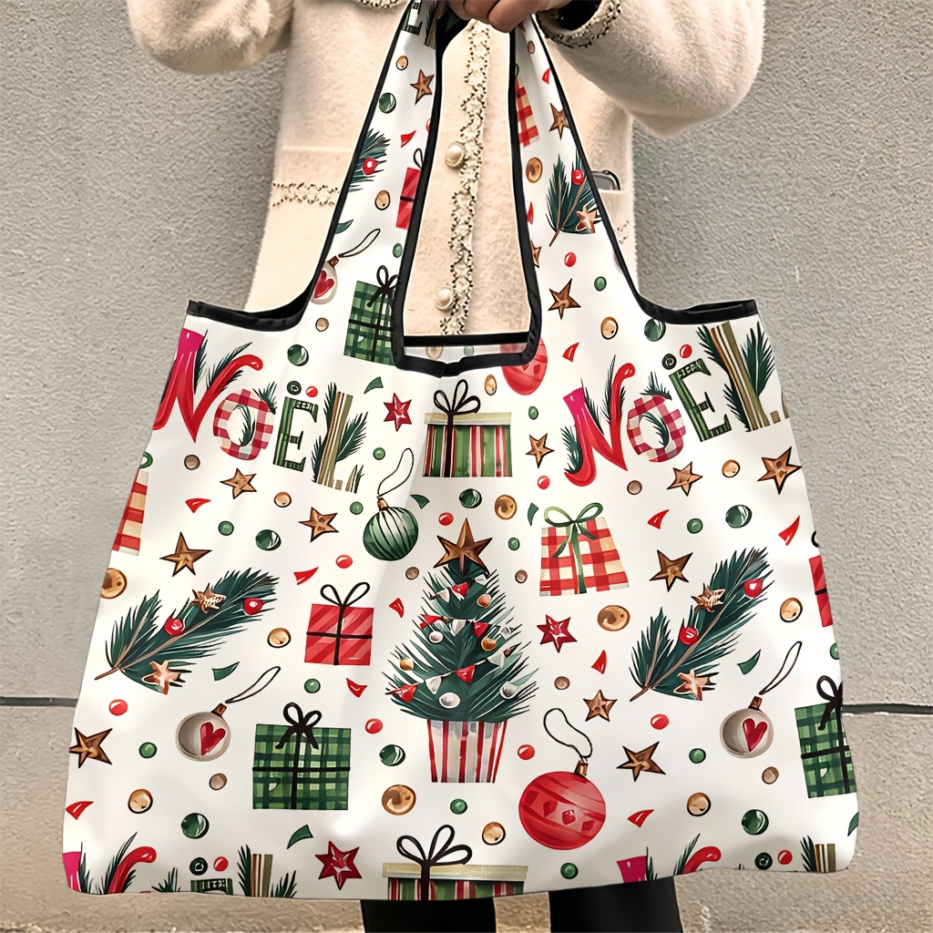 TEMU 1pc Red And White Gift Box Christmas Tree Print Large-capacity Portable Shopping Bag, Portable, Handheld, Large-capacity, Suitable For Travel,