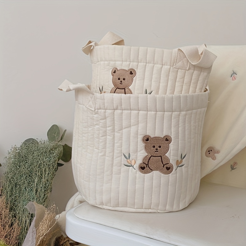 1pc storage basket with bear embroidery multipurpose organizer for diapers clothes toys and bedding   and foldable basket details 9