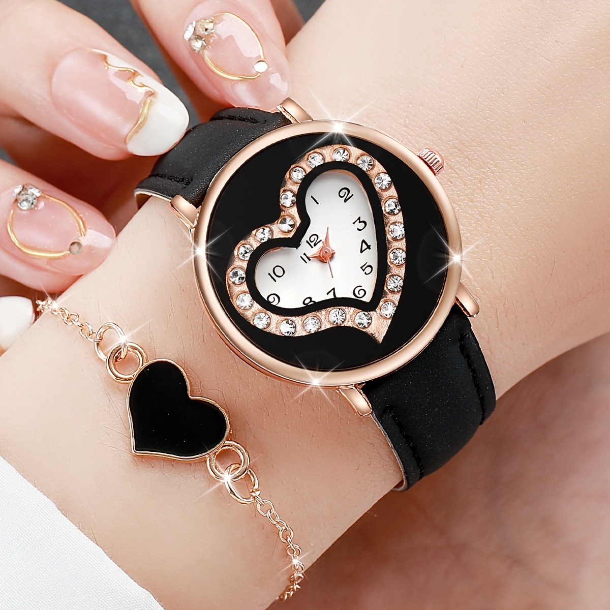 

2pcs/set Women's Cute Heart Rhinestone Quartz Watch Analog Pu Leather Wrist Watch & Bracelet, Valentine's Day Gift For Her