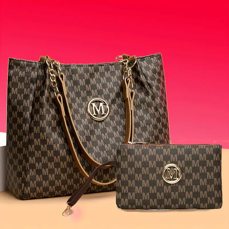 2pcs retro style letter print large capacity tote bag with fixed shoulder strap polyester lining very suitable for daily use and work commuting synthetic single shoulder bag metal chain belt included safety zipper closure polyester lining fashionable durable suitable for daily use everyday handbag fashion womens accessories polyester lining details 0