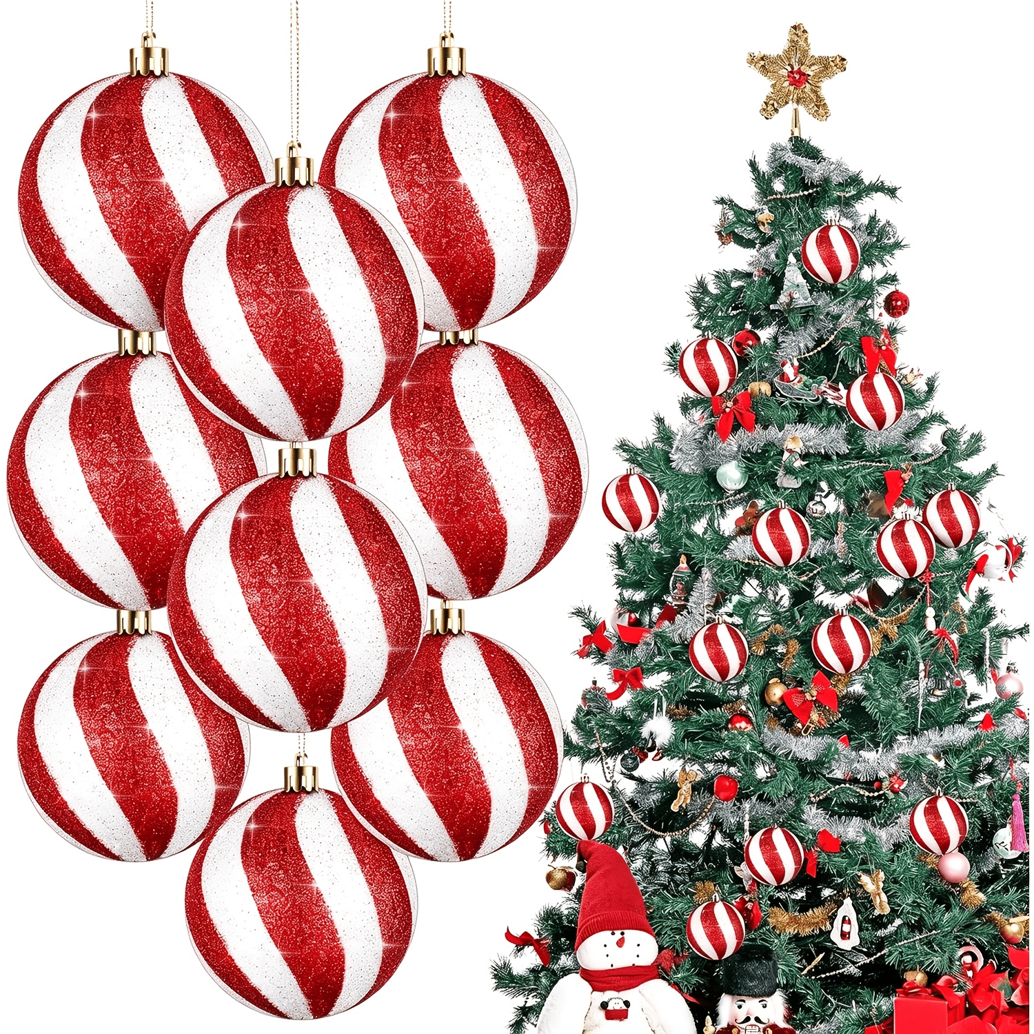 TEMU Lot de 12 boules de Noël rayées rouges - Boules rondes suspendues en plastique de 1,5 pouce, adaptées pour les décorations d'arbre, les