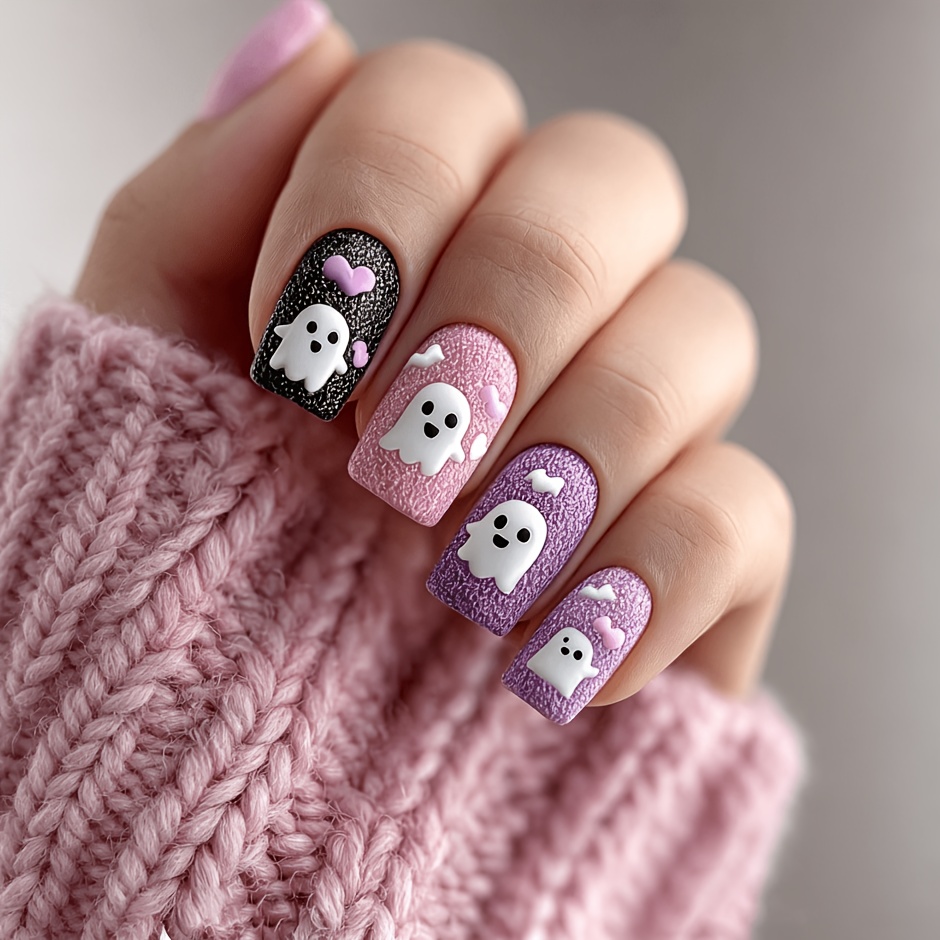 TEMU Women's Fake Nails Halloween Style Mixed Colors, Purple Jumping Design With White Ghost Cloud Pattern Glossy Manicure