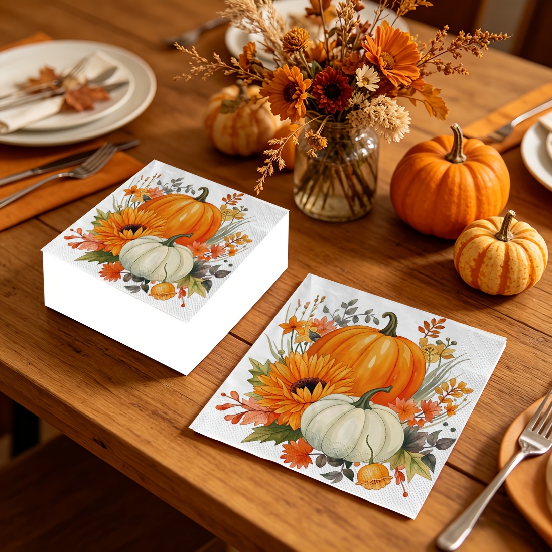 TEMU Lot de 20 serviettes imprimées plates 2D, serviettes jetables imprimées à motif de récolte d'automne avec citrouille et – Motif d'automne pour