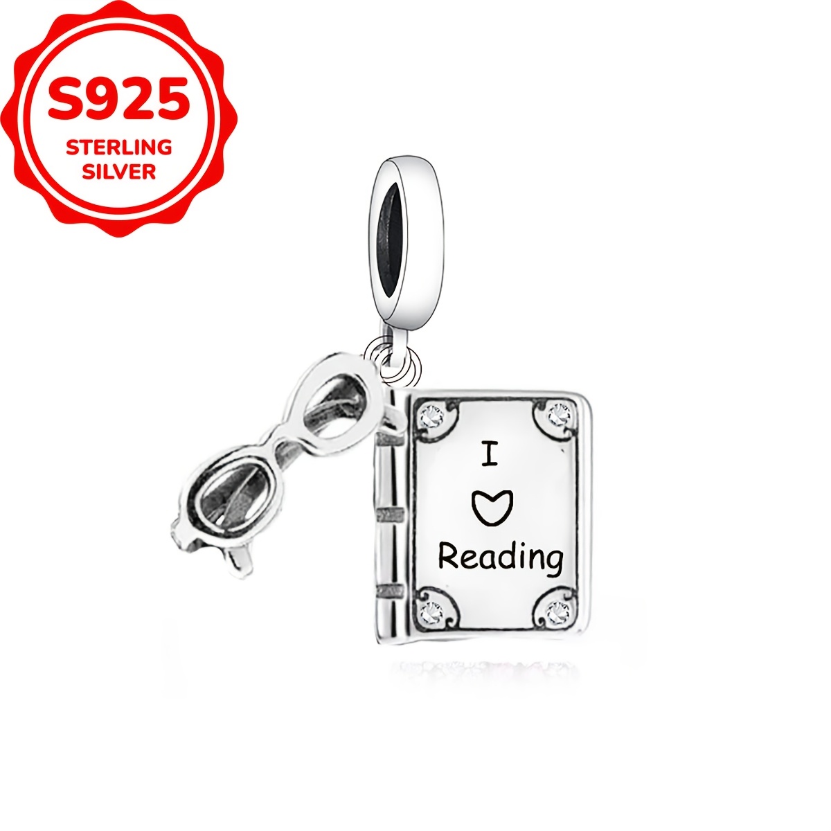 

925 Sterling Silver "i Love Reading" Charm With Glasses, Book Pendant Bead, Fits Original Bracelets, Making, Perfect Gift For And Readers