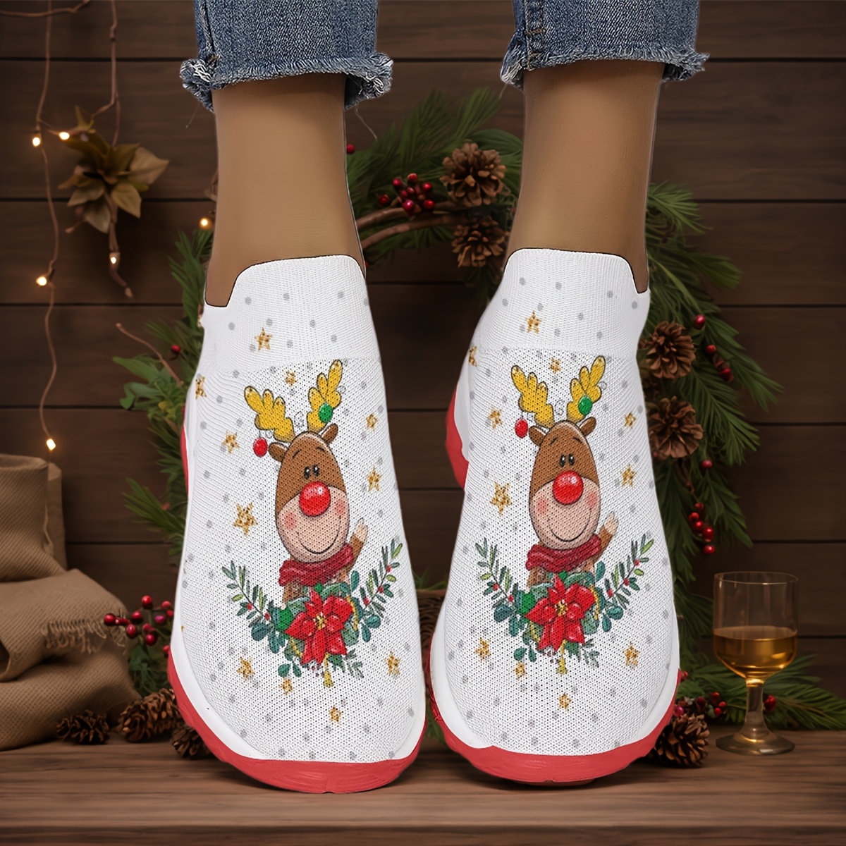 

Women's Casual Christmas-themed Slip-on Sneakers With Reindeer Print, Breathable Fabric Upper, Pu Sole, Low Top Fashion Shoes - Comfort, European And