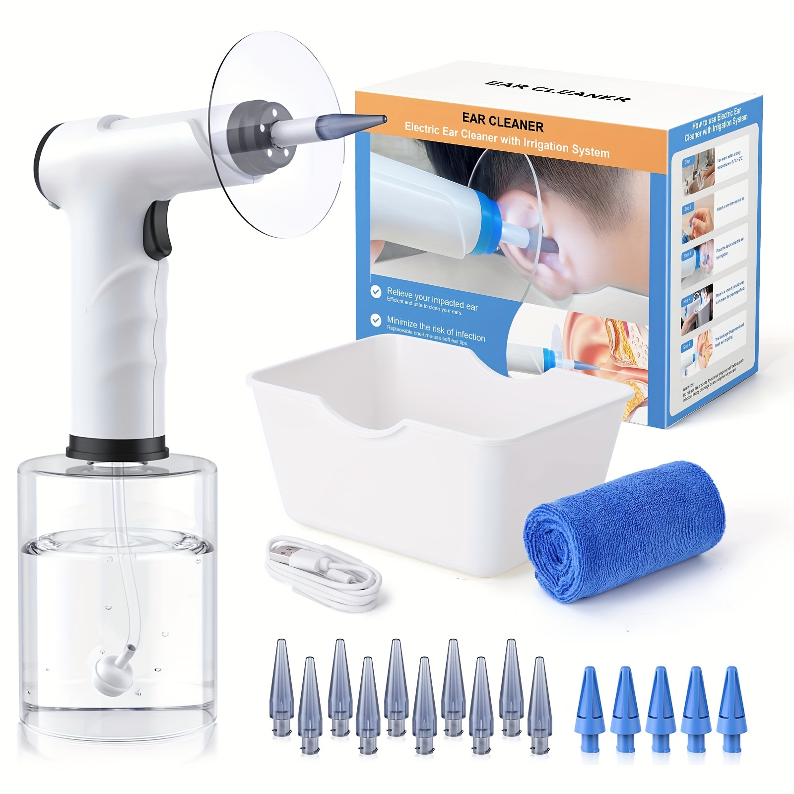 

18pcs Deluxe Electric Ear Wax Removal Kit - 4 Pressure With Towel, 15 Tips, Basin, And Type-c Charging - Safe Ear Cleaning Tool With Light, Great Valentine's Day Gift